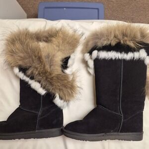 Womens Black Faux Suede Mid Calf Mukluk Winter Boots with Faux Fur Trim